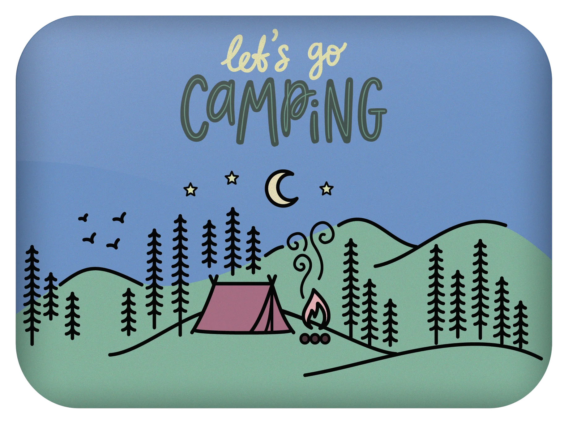 Whimsical Let's Go Camping Clipart Illustration with Night Forest Scene