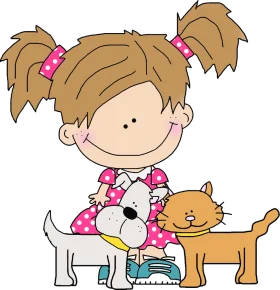 Adorable Cartoon Girl with Cute Pets: A Heartwarming Pet Lovers Clipart Scene