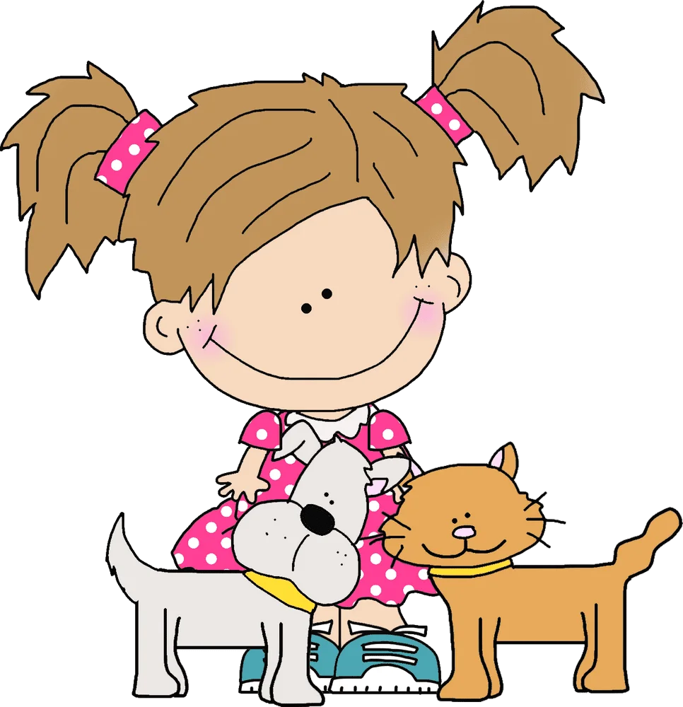 Adorable Cartoon Girl with Cute Pets: A Heartwarming Pet Lovers Clipart Scene
