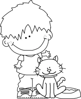 Adorable Child and Friendly Cat Companion: Black and White Clipart Illustration