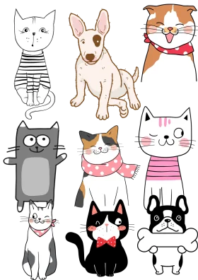 Adorable Hand-Drawn Animal Clipart Collection featuring Playful Cats and Puppies