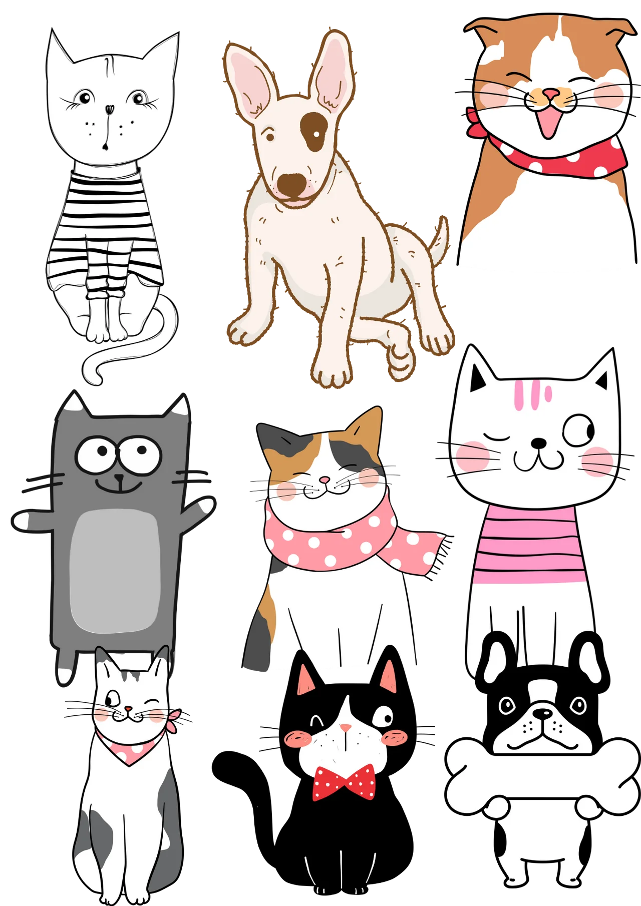 Adorable Hand-Drawn Animal Clipart Collection featuring Playful Cats and Puppies