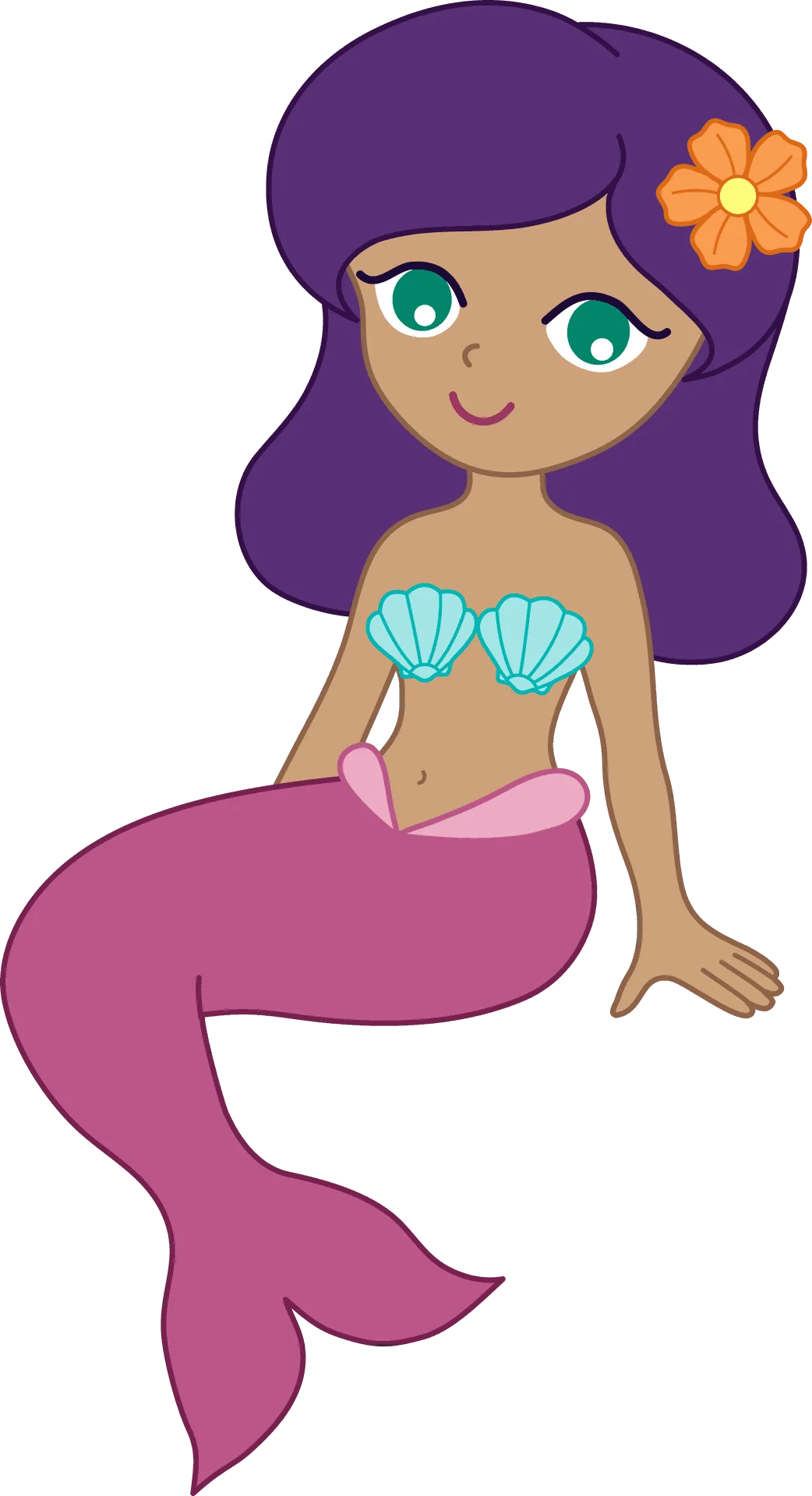Adorable Purple-Haired Mermaid Clipart with Tropical Flower Accent