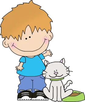 Adorable Young Boy Standing Beside Friendly Cartoon White Cat Clipart Illustration