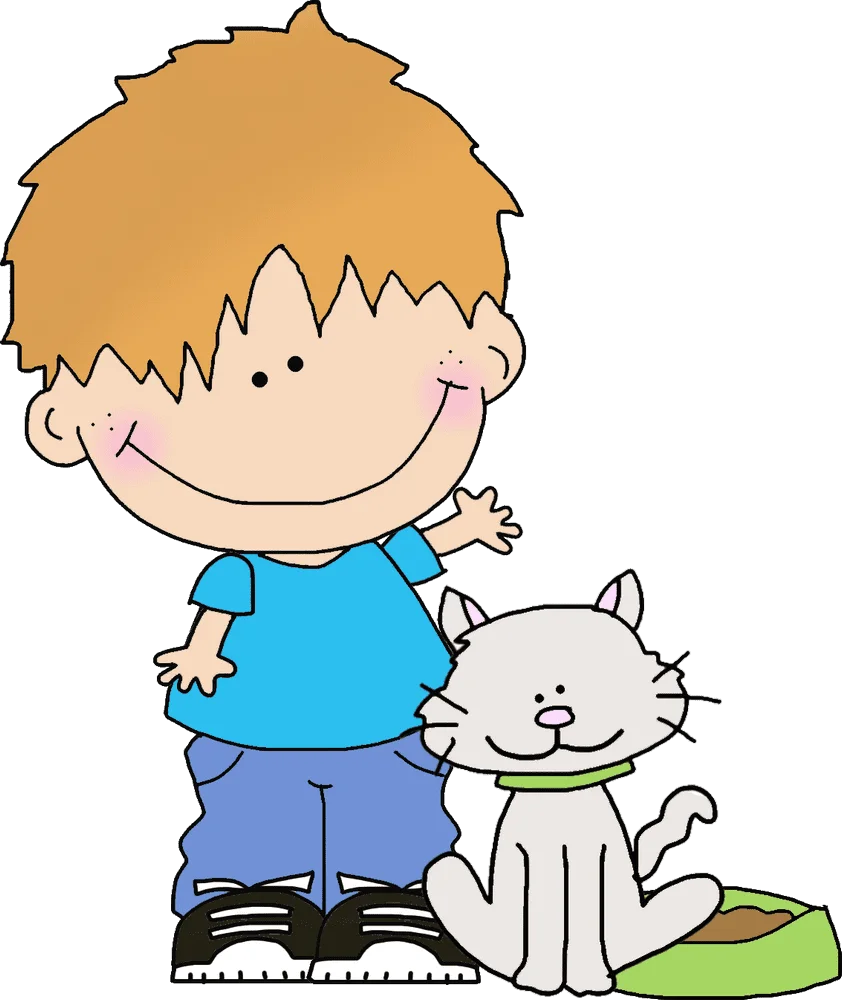 Adorable Young Boy Standing Beside Friendly Cartoon White Cat Clipart Illustration