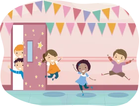 Cheerful Elementary School Students Dancing and Playing Clipart Scene