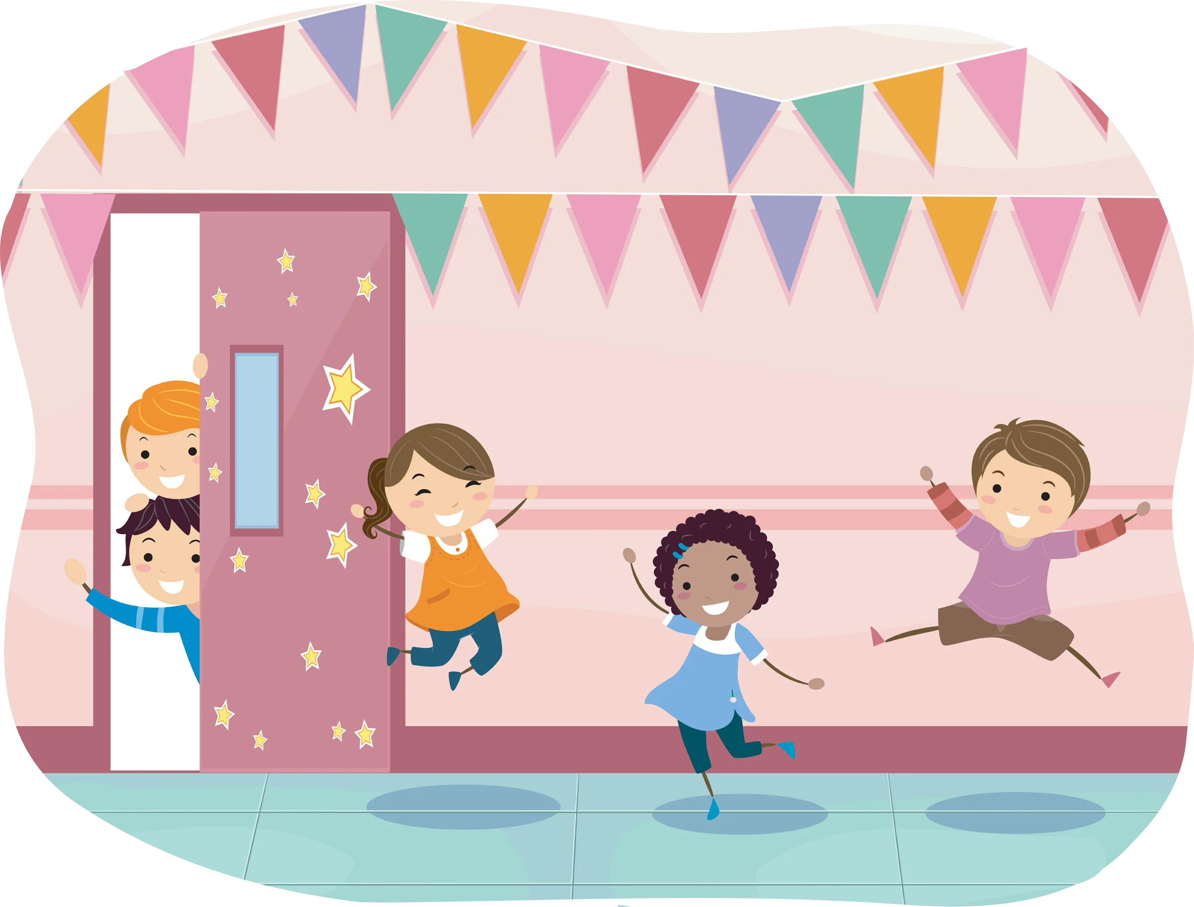 Cheerful Elementary School Students Dancing and Playing Clipart Scene