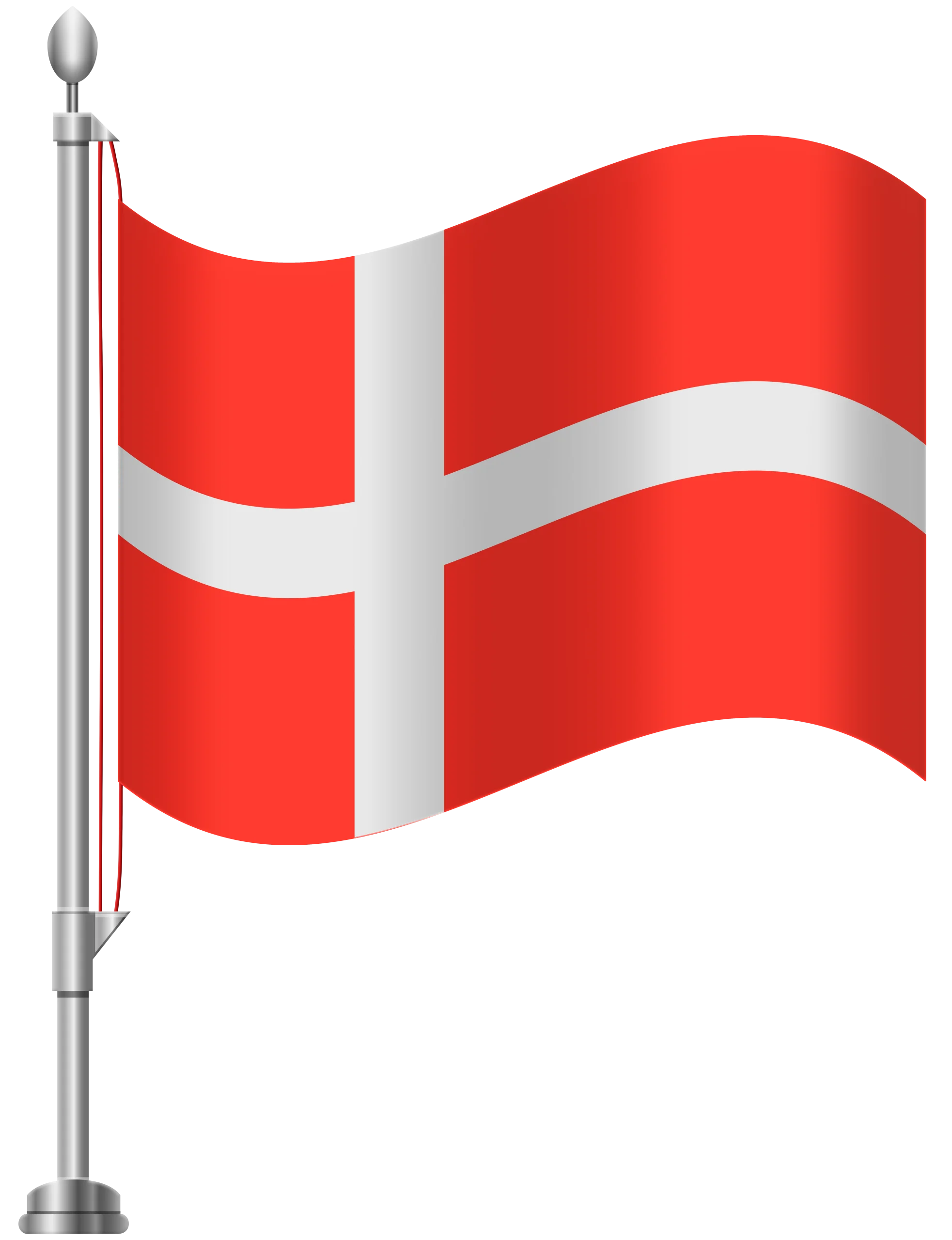 Denmark National Flag Clipart Waving on Metallic Flagpole Vector Illustration
