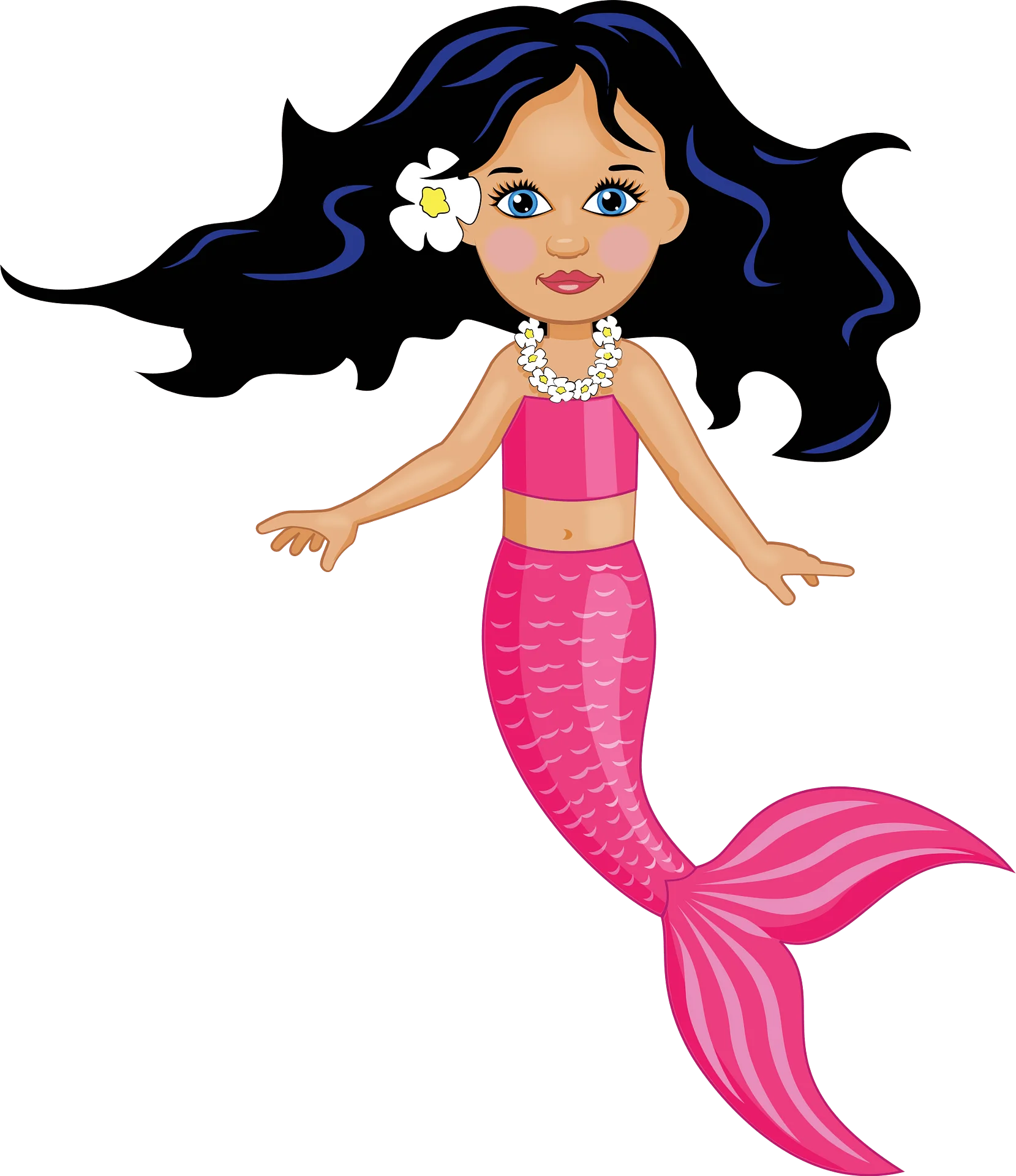 Enchanting Pink Mermaid Clipart with Flowing Black Hair and Sparkling Charm