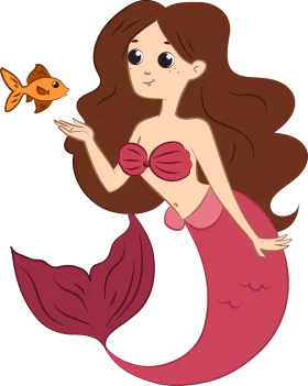 Enchanting Pink Mermaid with Golden Goldfish Cute Cartoon Clipart Illustration