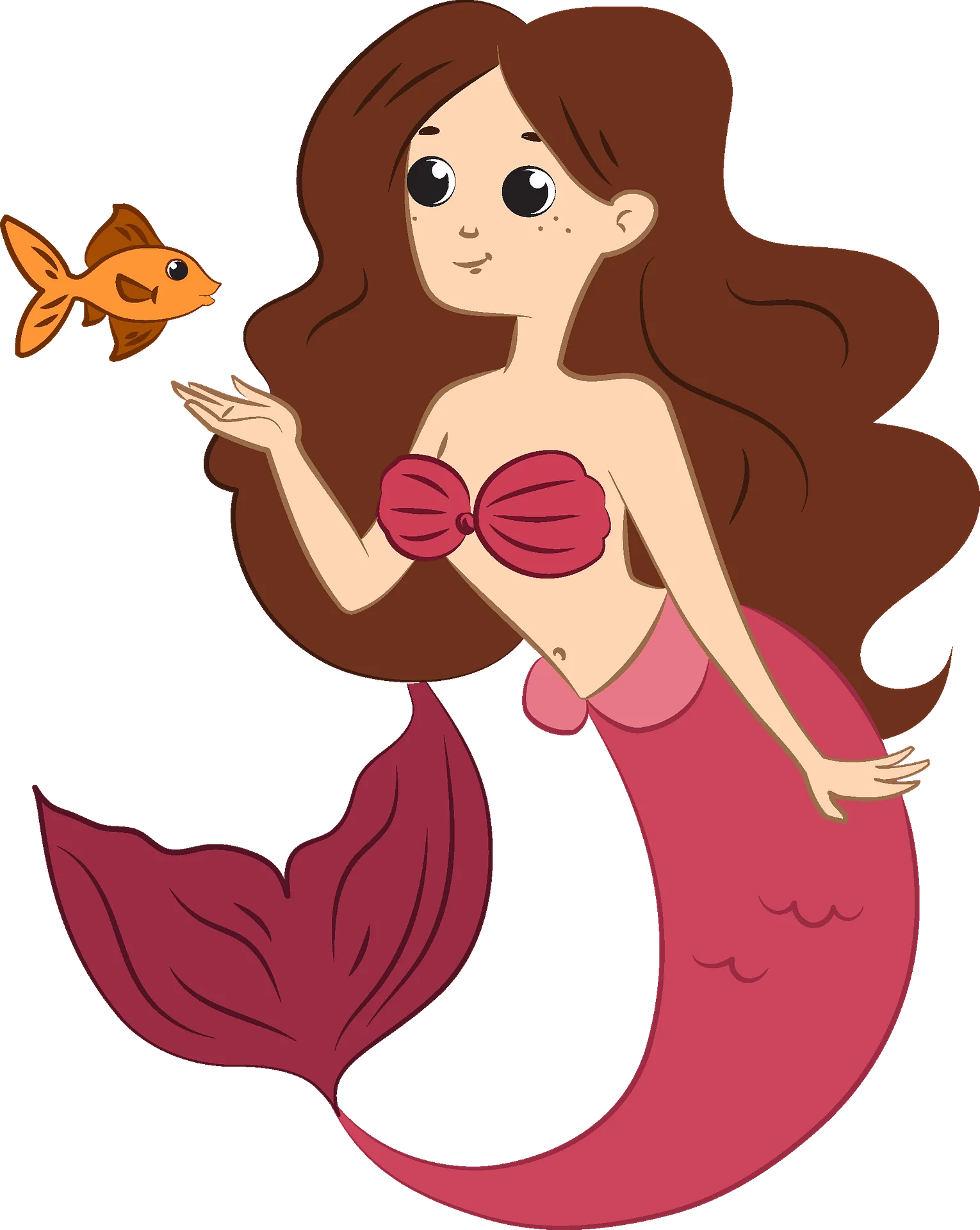 Enchanting Pink Mermaid with Golden Goldfish Cute Cartoon Clipart Illustration
