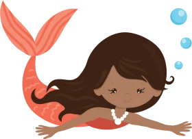 Adorable Whimsical Underwater Mermaid Clipart with Playful Coral and Blue Bubbles