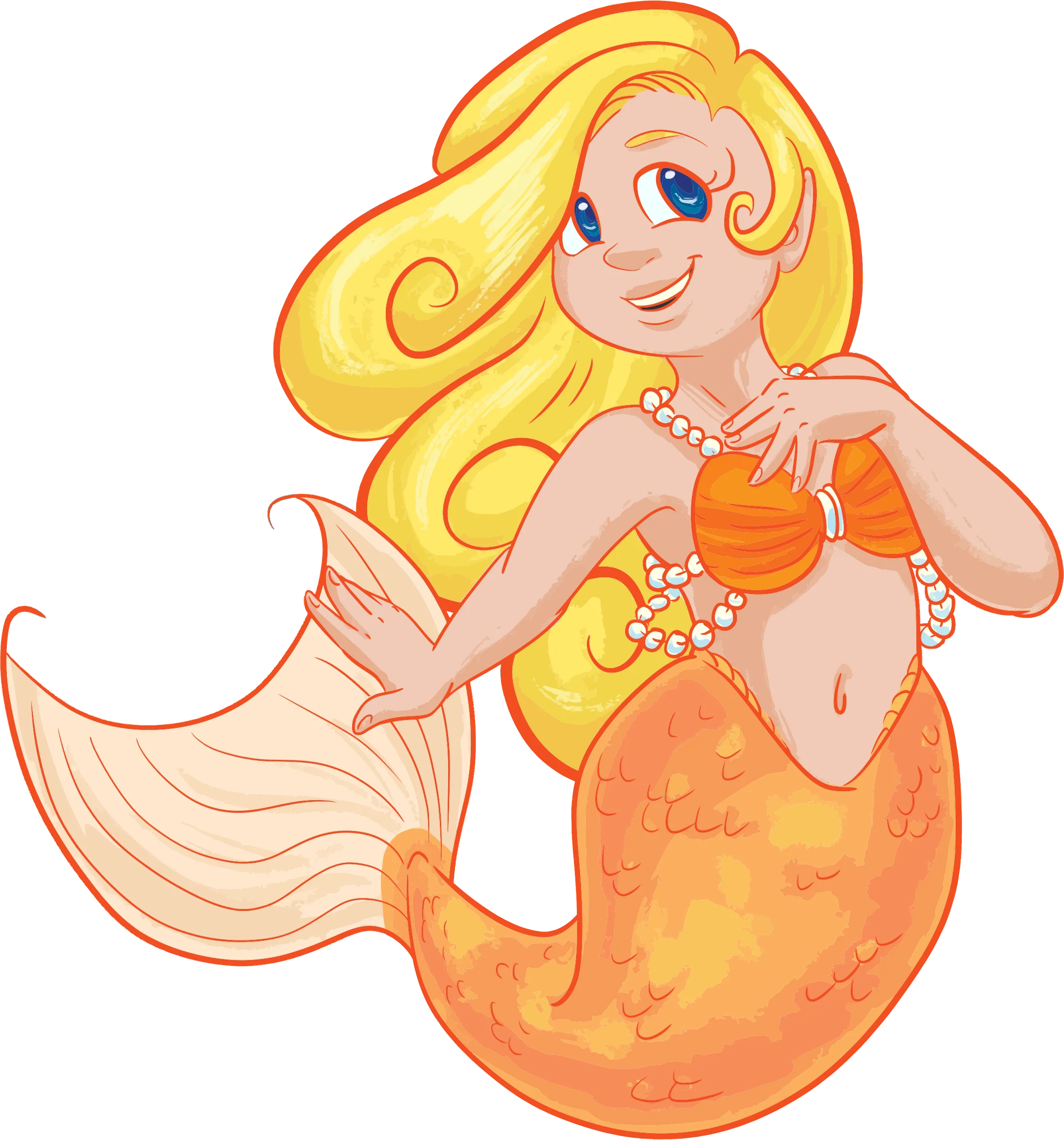 Cheerful Orange Mermaid Clipart with Flowing Golden Locks and Sunny Smile
