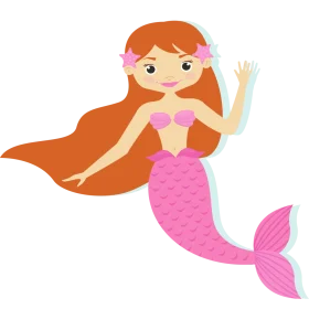 Cute Cartoon Mermaid Clipart with Flowing Reddish-Orange Hair and Pink Tail