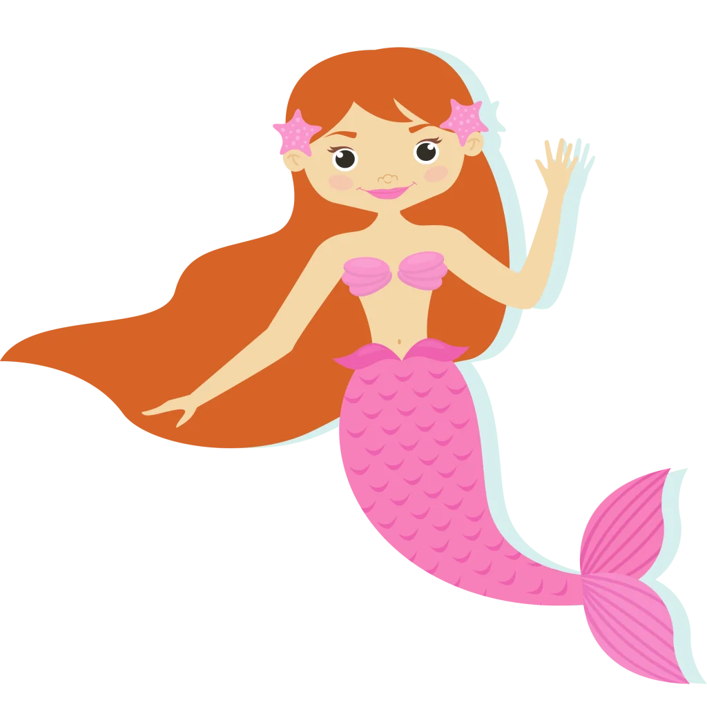 Cute Cartoon Mermaid Clipart with Flowing Reddish-Orange Hair and Pink Tail