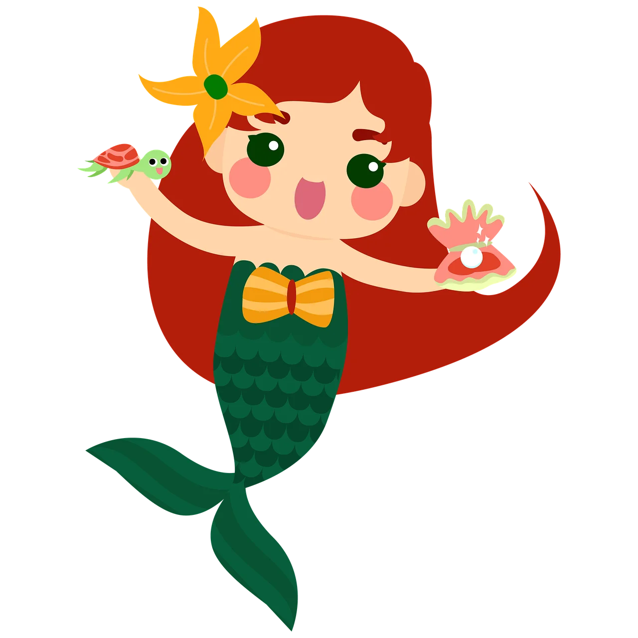 Enchanting Cartoon Mermaid with Flower Kawaii Clipart Illustration