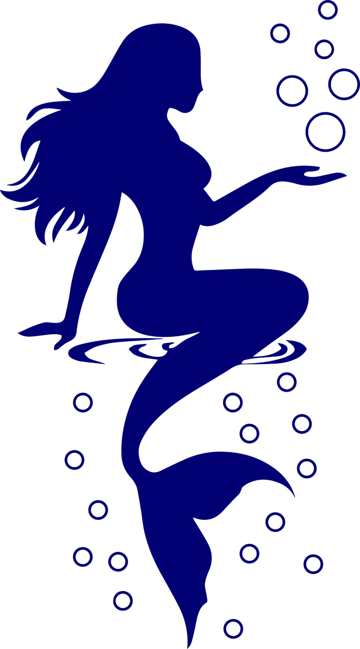 Enchanting Deep Blue Silhouette of Mermaid Clipart with Whimsical Bubble Accents