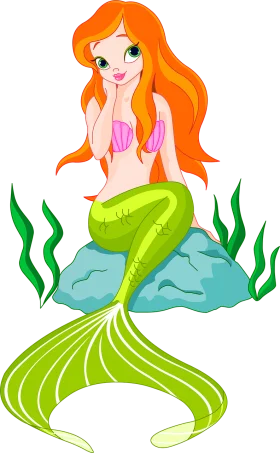 Enchanting Oceanic Fantasy Mermaid Clipart with Flowing Orange Hair and Emerald Tail