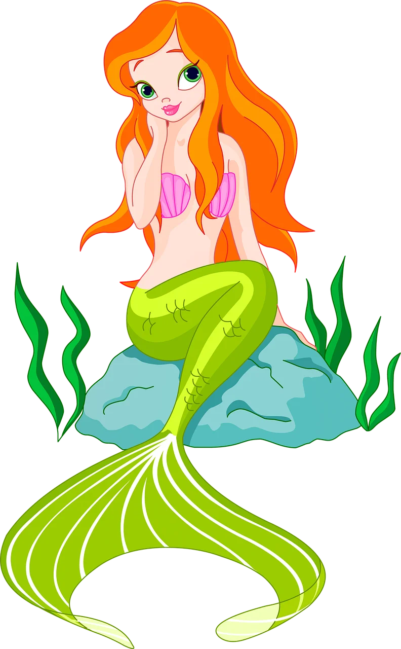 Enchanting Oceanic Fantasy Mermaid Clipart with Flowing Orange Hair and Emerald Tail