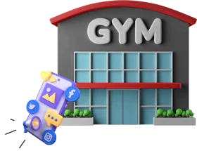 Cheerful 3D Gym Building Clipart with Playful Exercise Icons