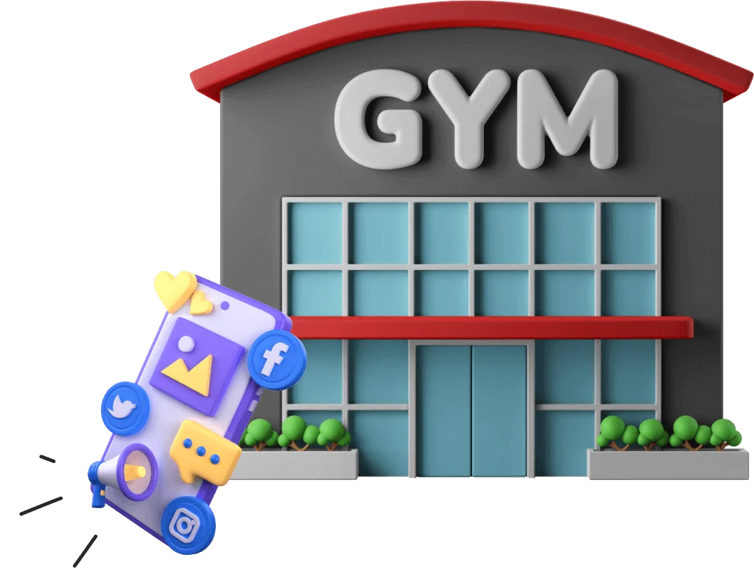 Cheerful 3D Gym Building Clipart with Playful Exercise Icons
