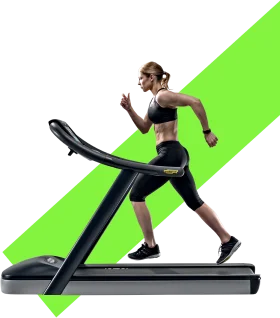 Dynamic Fitness Clipart: Woman Running on Treadmill with Energetic Green Backdrop