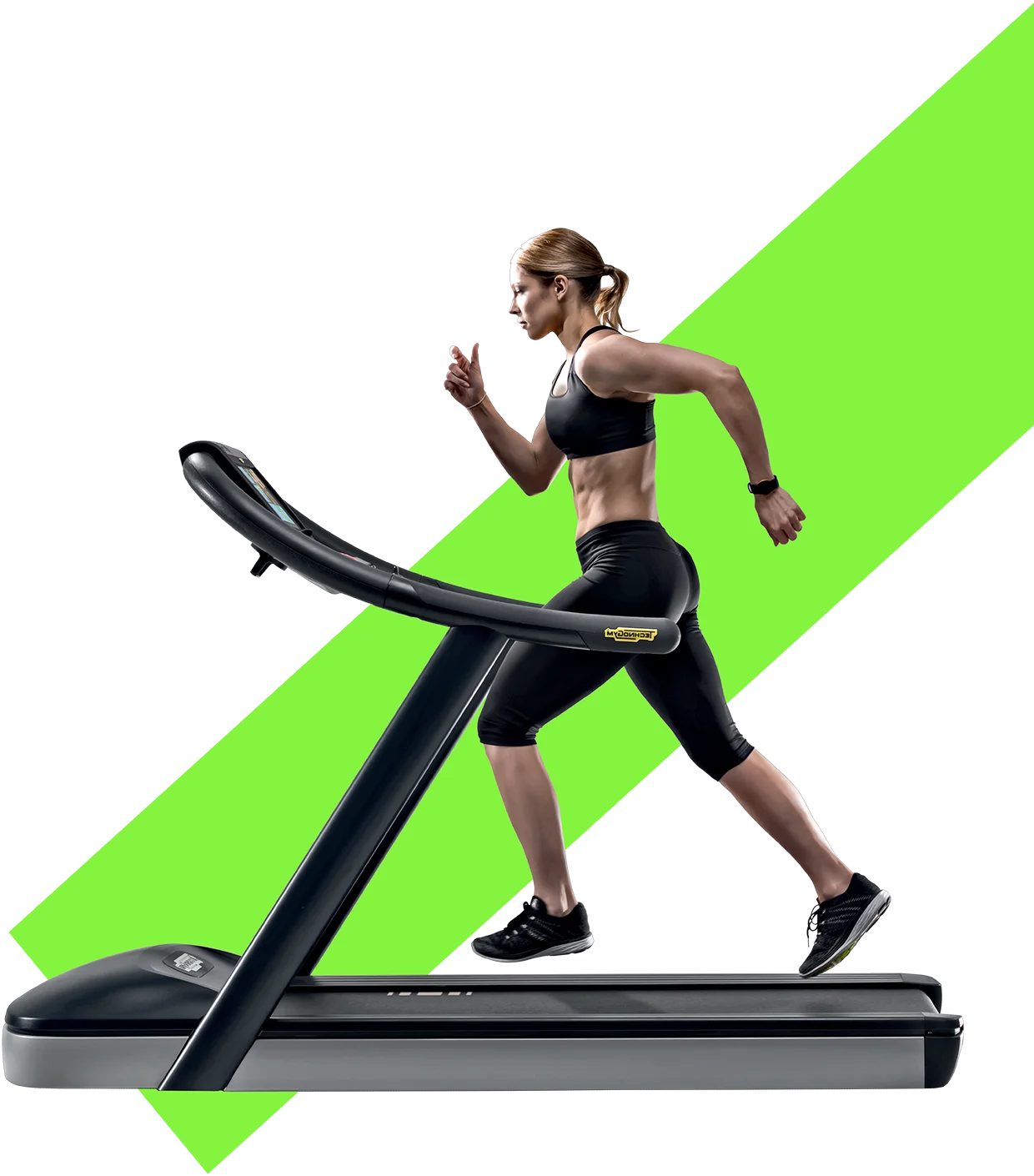 Dynamic Fitness Clipart: Woman Running on Treadmill with Energetic Green Backdrop
