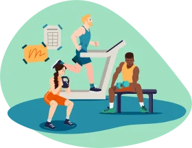 Fitness Enthusiasts Exercising in Modern Gym Clipart Illustration Design