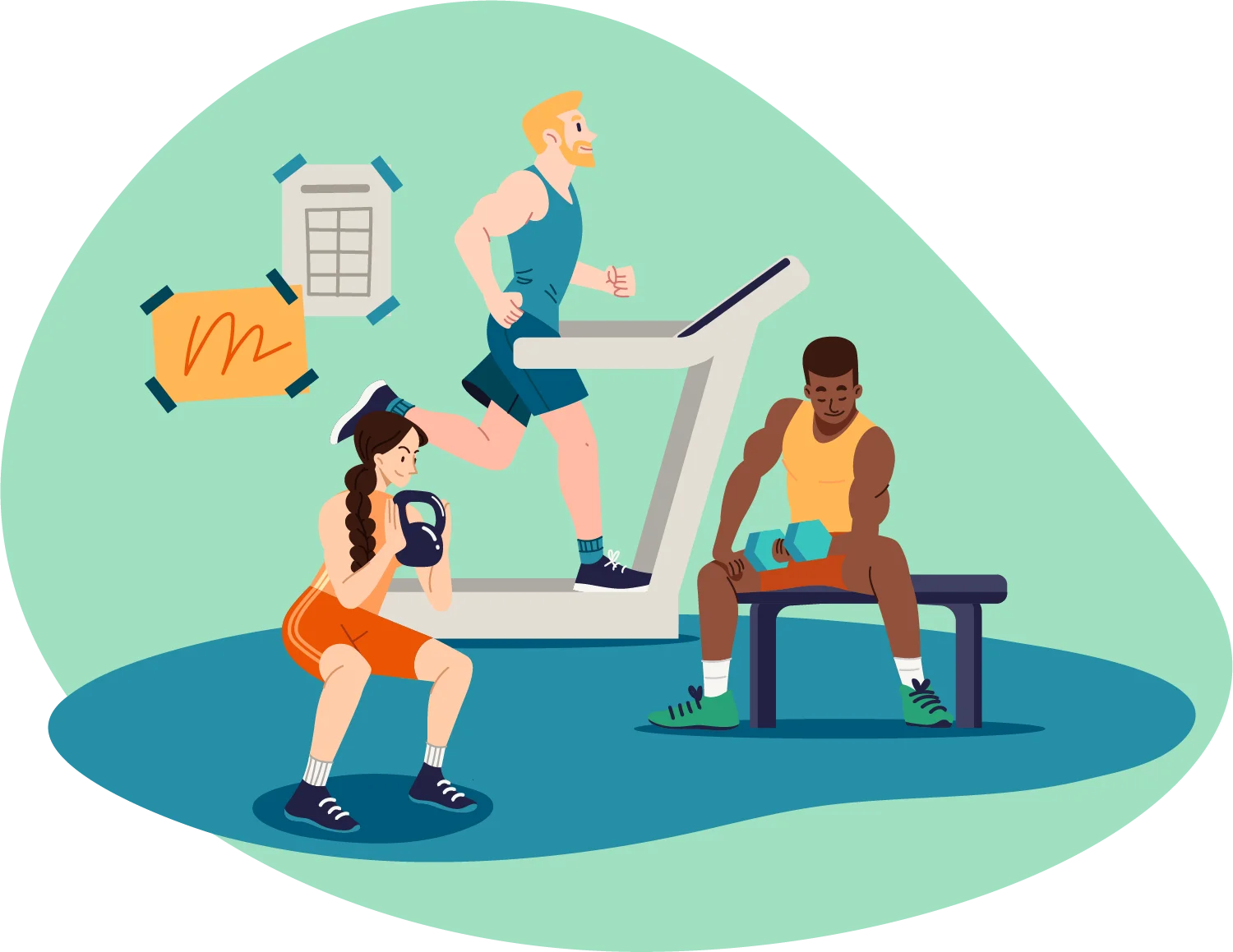 Fitness Enthusiasts Exercising in Modern Gym Clipart Illustration Design