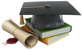Academic Success Celebration: Graduation Cap, Diploma, and Stacked Books Clipart Design