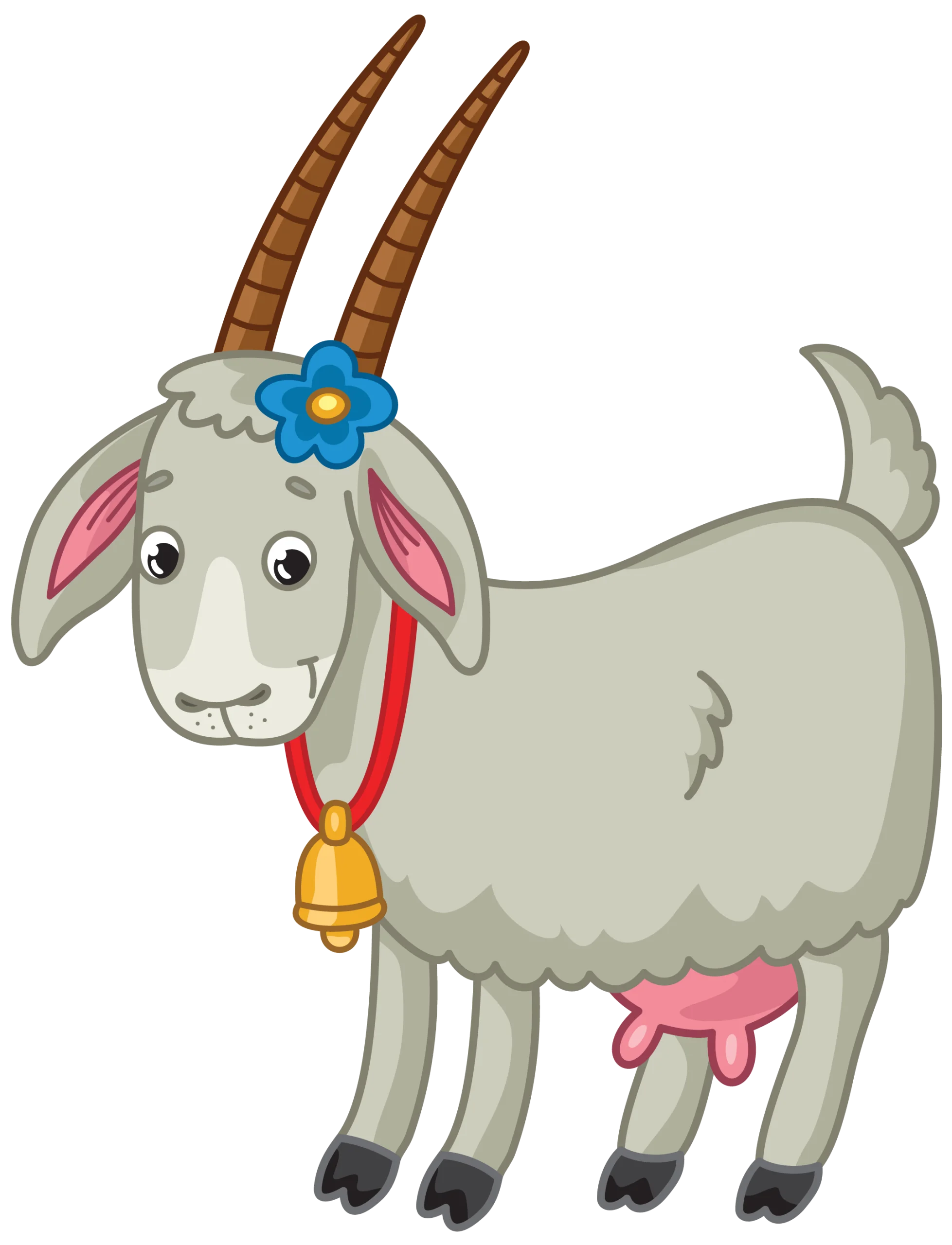 Adorable Gray Goat Clipart with Playful Blue Flower and Golden Bell