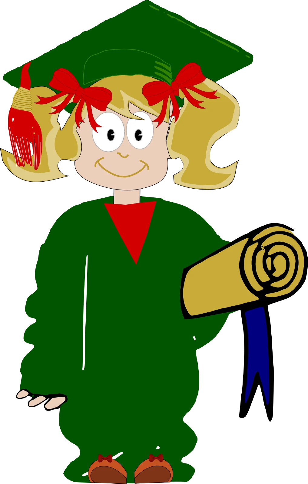 Cheerful Graduation Girl Clipart with Green Gown and Festive Red Ribbons