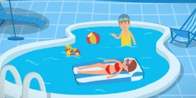 Cheerful Summer Pool Scene Clipart with Swimmers and Inflatable Toys