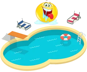 Cheerful Summer Swimming Pool Clipart with Playful Emoji and Loungers