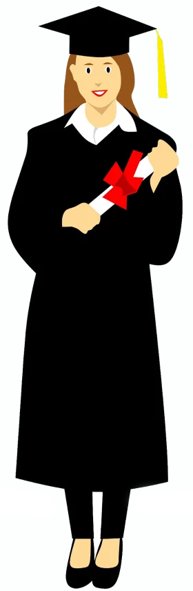 Elegant Female Graduate in Classic Black Gown Holding Diploma Clipart Illustration