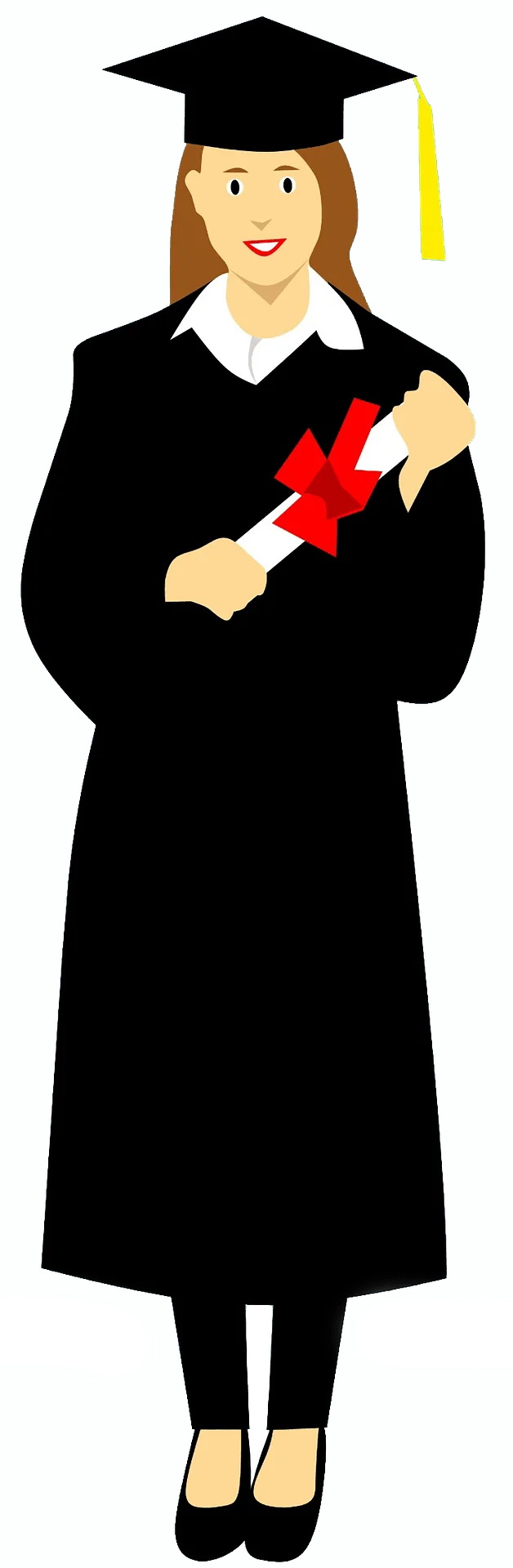 Elegant Female Graduate in Classic Black Gown Holding Diploma Clipart Illustration