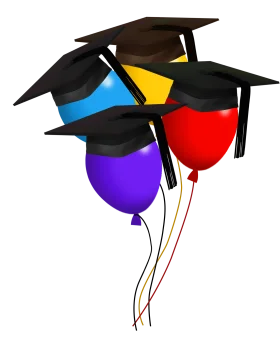 Festive Graduation Celebration Clipart with Colorful Balloons and Graduation Caps