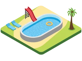 Isometric Swimming Pool Clipart with Slide and Palm Tree Landscape Design