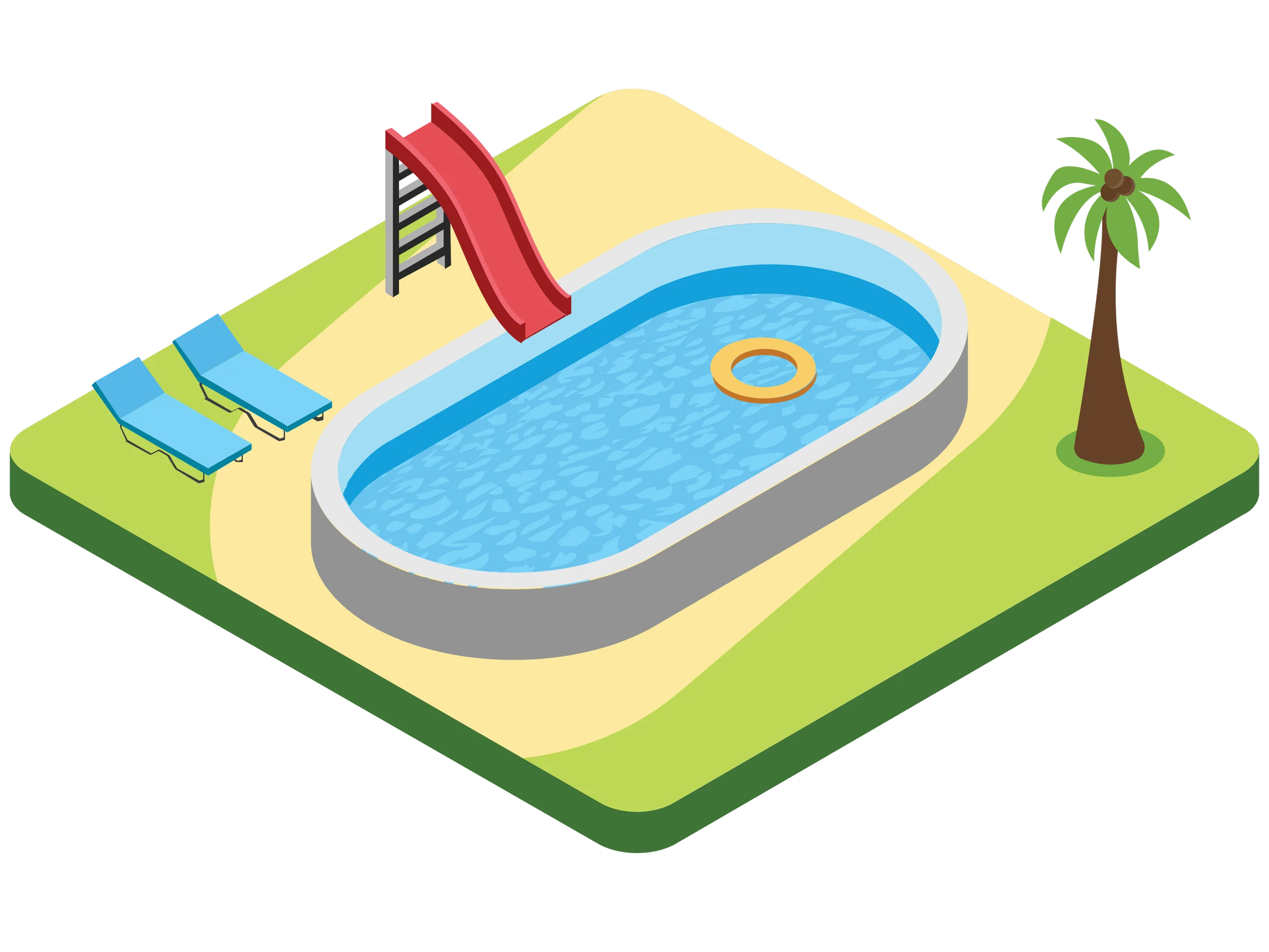 Isometric Swimming Pool Clipart with Slide and Palm Tree Landscape Design