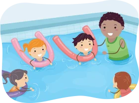 Kids Learning Swimming Skills in Colorful Pool Clipart Illustration