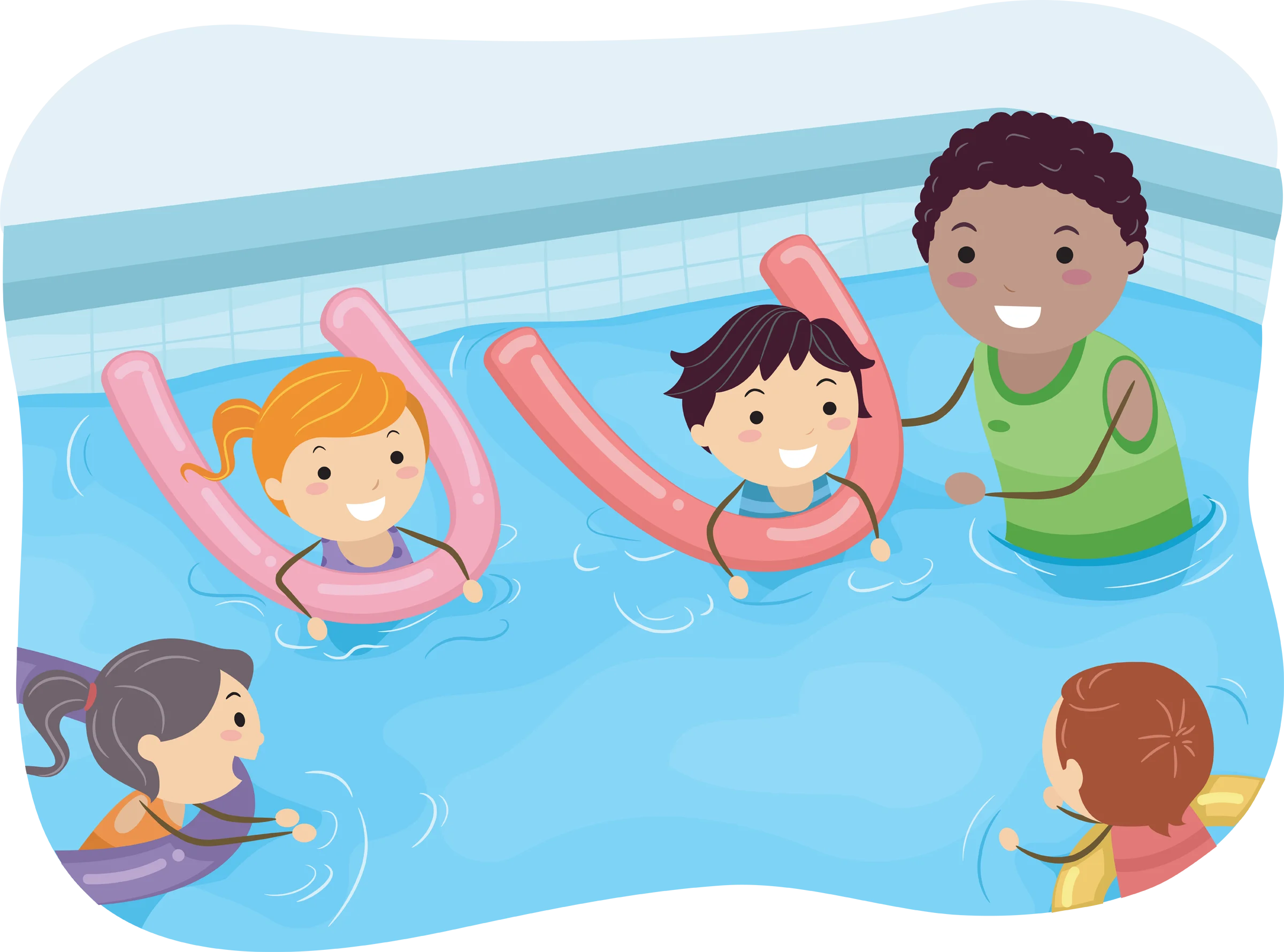 Kids Learning Swimming Skills in Colorful Pool Clipart Illustration
