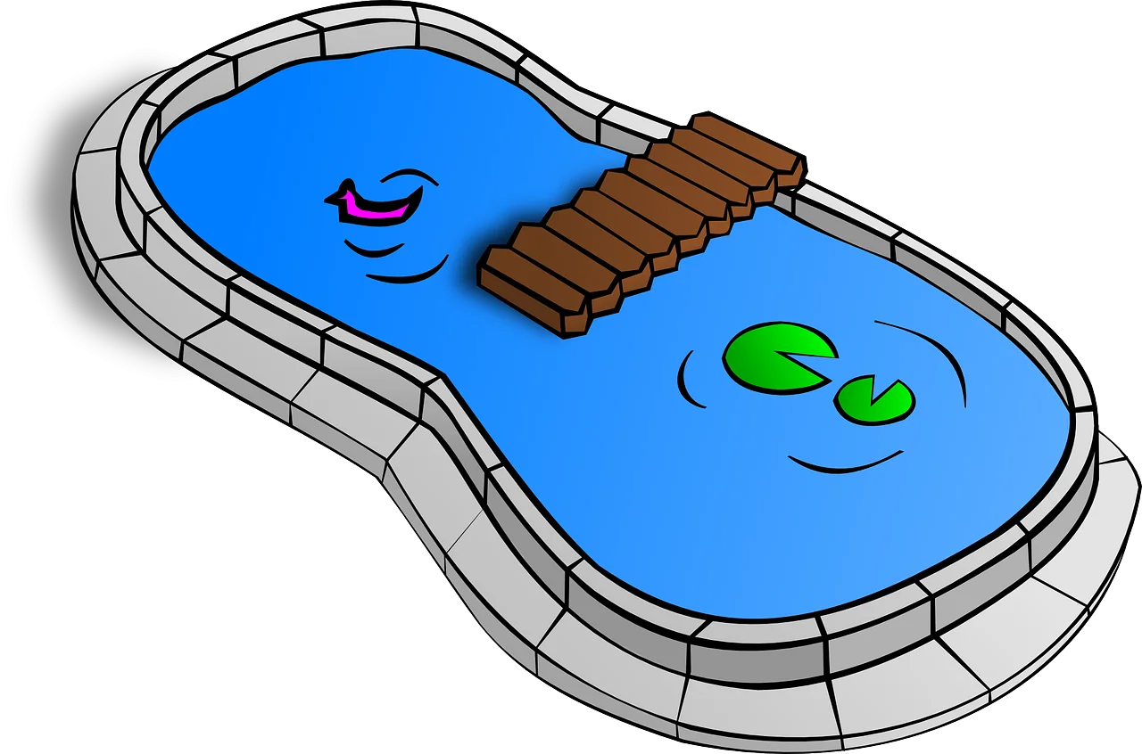Serene Blue Backyard Swimming Pool with Wooden Deck Clipart Illustration
