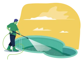 Serene Pool Maintenance Clipart: Cleaning Professional at Work
