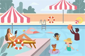Sunny Summer Poolside Leisure Clipart: Relaxation and Playful Moments