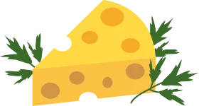 Whimsical Swiss Cheese Wedge with Green Herb Leaves Clipart Design