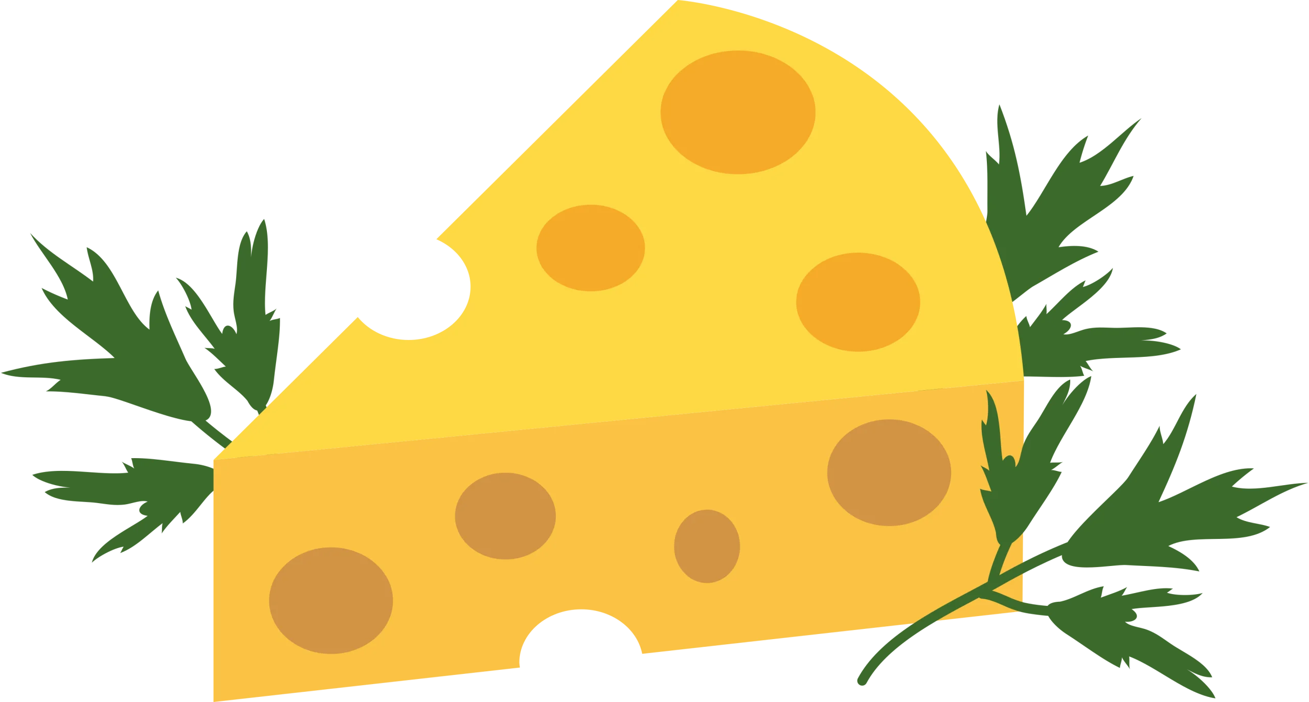 Whimsical Swiss Cheese Wedge with Green Herb Leaves Clipart Design