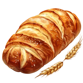 Golden-Crusted Artisan Bread Clipart with Wheat Stalks - Rustic Bakery Illustration