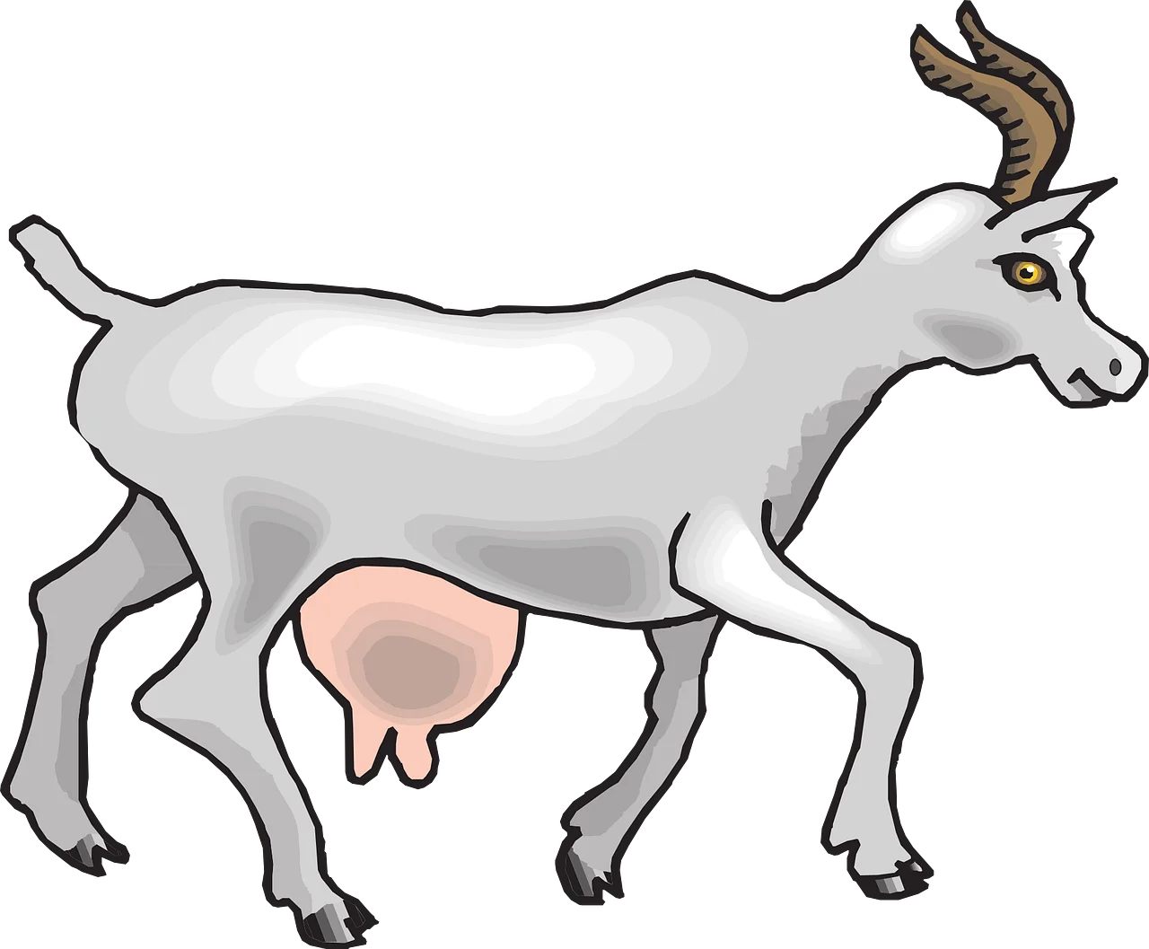 Gray and White Stylized Goat Clipart Illustration with Curved Horns