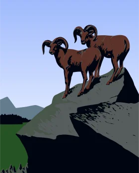 Majestic Mountain Rams Perched on Rocky Cliff - Wilderness Clipart Illustration