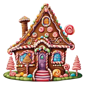 Whimsical Candy-Coated Gingerbread House Wonderland Clipart Design